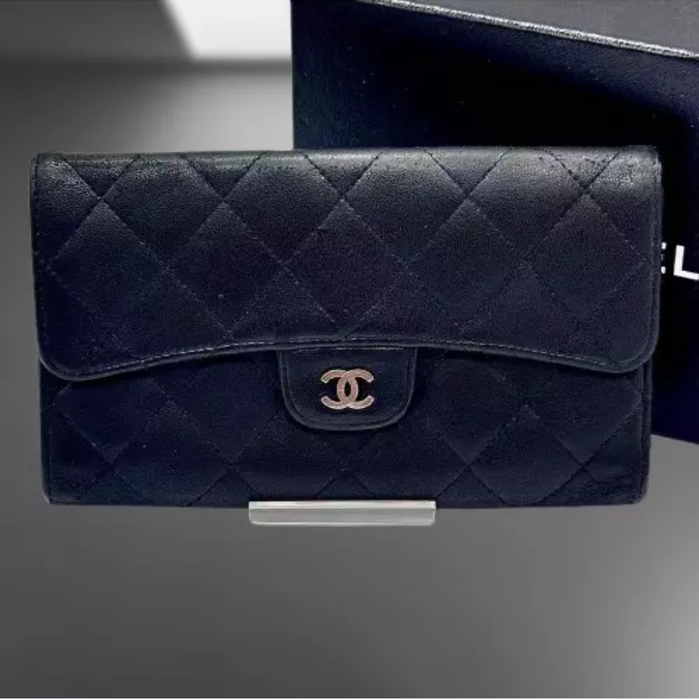 Chanel quilted mattelasse lambskin black trifold long wallet - Picture 5 of 14